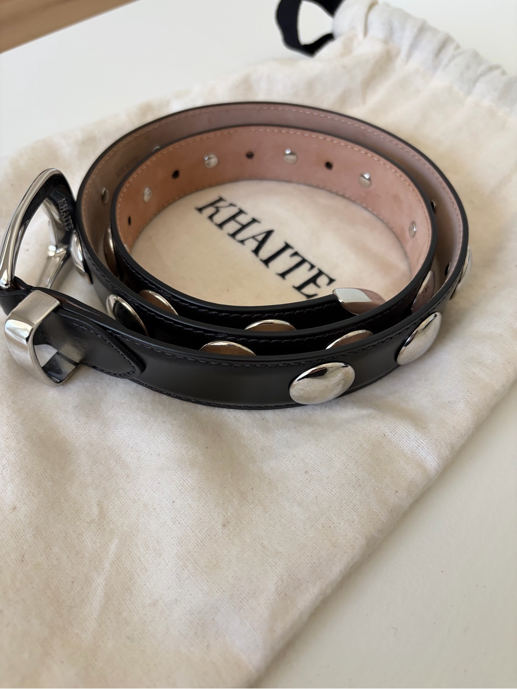 Khaite 3cm Benny Leather & Studs Belt Size 85cm Black Silver